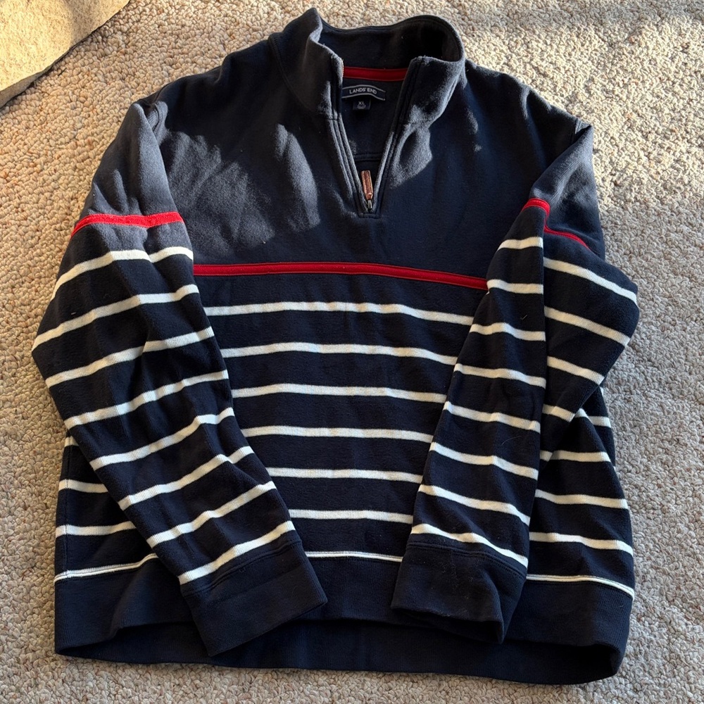 Lands' End Navy and Red Striped Zip-Up Sweater